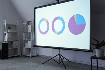 Interior of data scientist's office with shelving unit and diagrams on projector screen
