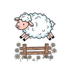 Cartoon Sheep Jumping Over Fence Illustration.