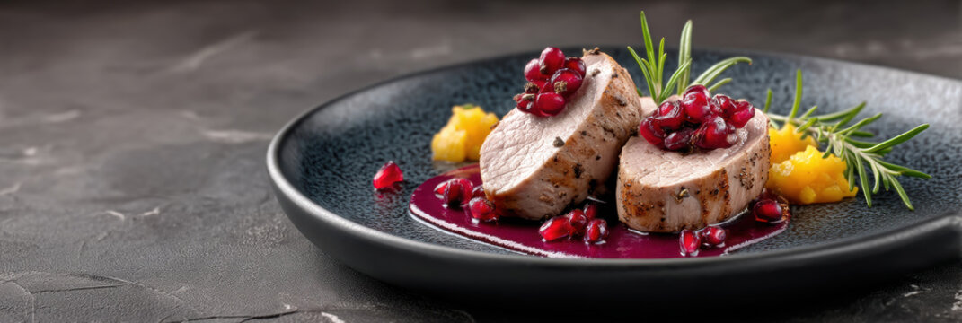 Seared pork medallion with pomegranate sauce and rosemary garnish, elegant plating and vibrant