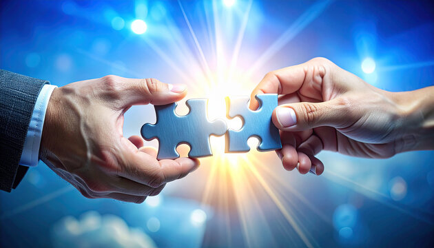 Collaborative Integration: A close-up showcases two hands carefully connecting puzzle pieces, symbolizing collaboration, problem-solving, and the integration of ideas for a unified outcome.