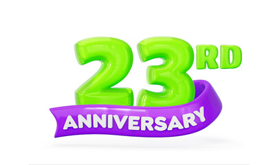 Vibrant 23rd Anniversary sign with glossy green numbers and purple ribbon. 3d illustration