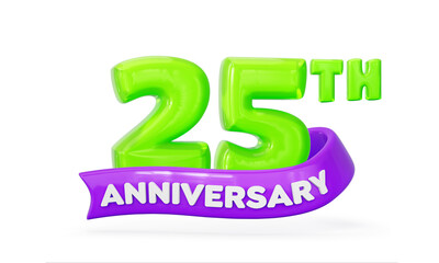 Vibrant 3D rendering of 25th Anniversary with neon green numbers and purple ribbon. 3d illustration
