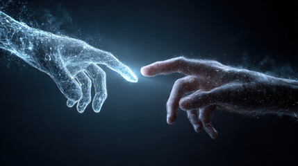 Digital hands reaching out to touch with glowing light between them conveying connection, technology, and innovation against a dark blue background offe hope.