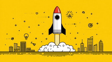 A stylized cartoon rocket launches from a city skyline against a vibrant yellow background symbolizing startup, innovation, and achievement of ambitious goals.