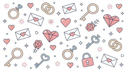 Minimal icon-based pattern with rings, keys, hearts, envelopes, arrows, lock & key symbols, and tiny stars. Clean flat style, soft gradient tones, and modern pastel palette