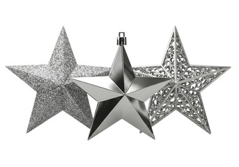Fototapeta premium three highly reflective silver christmas star ornaments with varied textures (glitter, polished, filigree), macro close-up on a white studio background with copy space. concept of luxurious holiday