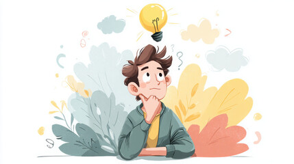 An imaginative boy looks up at a bright lightbulb, visualizing new ideas and solutions amidst soft pastel foliage in a creative illustration scene.