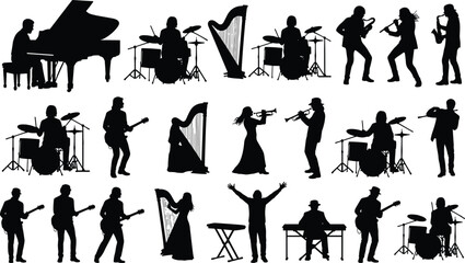 Extensive vector silhouette collection of diverse male and female musicians playing instruments, including piano, harp, drums, trumpet, saxophone, and guitar, for music entertainment concepts. © It's Sumi Here