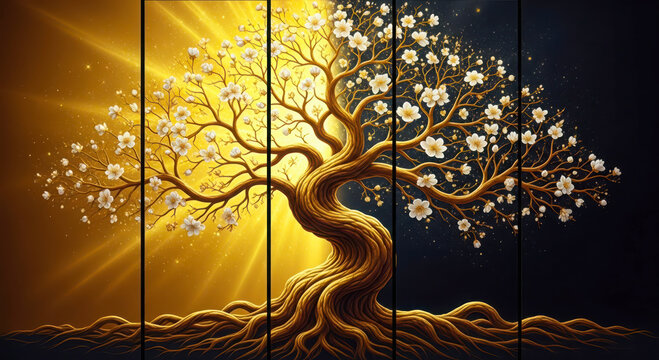 Five panel wall art of a glowing golden blossom tree with white flowers against radiant night sky