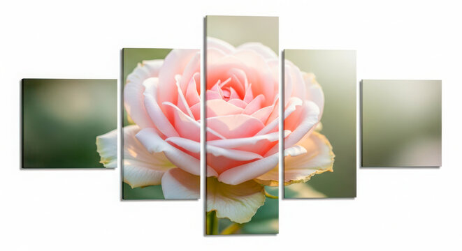 Five panel wall art of soft pink rose blossom with gentle natural light and blurred green background