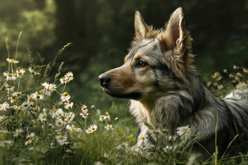 A shepherd dog in the forest looks sideways
