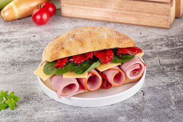 Ciabatta with mortadella, tomato, cheese and spinach