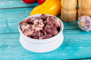 Raw chicken hearts for cooking