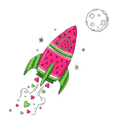Whimsical Watermelon Rocket Soaring Towards the Moon.