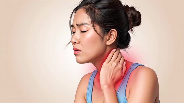 Woman Experiencing Pain In Her Neck with Red Highlight On Anatomy