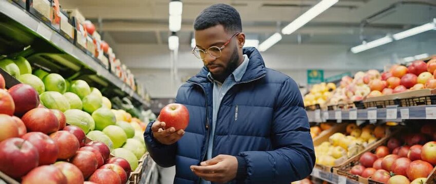 Fresh Grocery Choices: A thoughtful shopper assesses the quality of a vibrant red apple amid a colorful array of fresh produce within the well-stocked aisles of a modern grocery store.