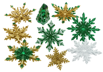 Extreme macro still life of twelve custom emerald jewel, glittering gold, and white ice fractal snowflakes scattered on a transparent background, rim light emphasizing luxury christmas decoration