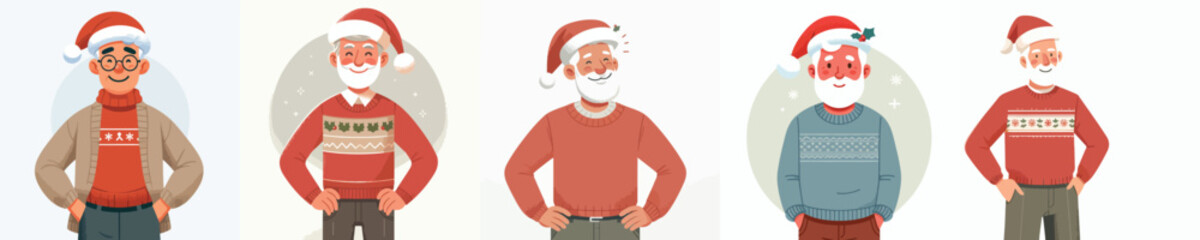 Grandpa wearing a Christmas hat. Vector, minimalist, illustration, icon set.