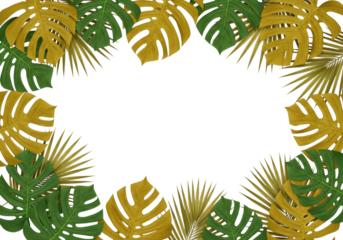 Photorealistic flat lay of vibrant, golden variegated monstera and palm foliage framing central copy space on a transparent background with high-key lighting. concept of effortless natural luxury