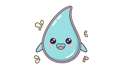 Adorable Water Drop Cartoon Character with Cute Smiling Face and Playful Water Droplets on White Background for Design Projects