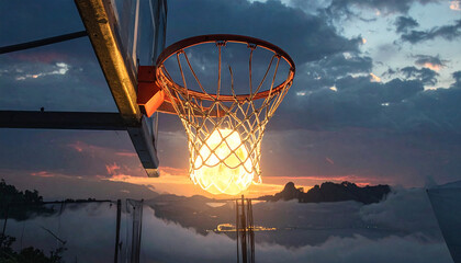 Basketball hoop with glowing ball mid‑air