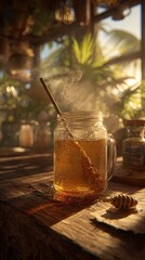 Golden Warm Tea In Glass Jar On Wooden Table