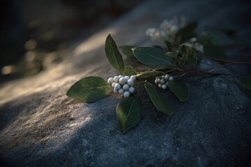 Closeup Of White Berries On Branch On Stone