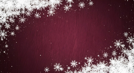 Dark red grunge christmas background with heavy snow falling and elegant snowflake border