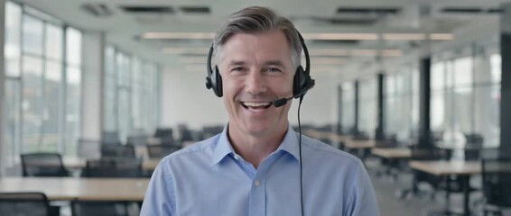 Friendly Customer Support: A smiling customer service representative is captured, headset in place, ready to assist and connect with customers.