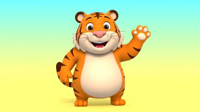 Tiger cartoon character waving a paw in a colorful gradient background, looking friendly and approachable, with a suitable expression.