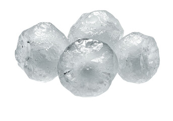 Three translucent, monolithic hailstones, four inches, macro shot, sharp crystalline texture, dramatic side lighting, white background. Concept of severe weather force