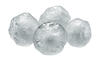 Three translucent, monolithic hailstones, four inches, macro shot, sharp crystalline texture, dramatic side lighting, white background. Concept of severe weather force