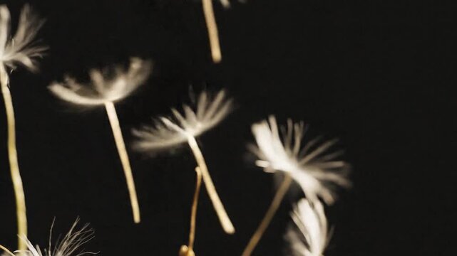 Ethereal Dandelion Seeds Gracefully Floating on a Black Background.