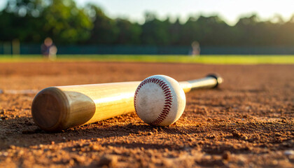 Baseball bat and ball resting on dirt field
