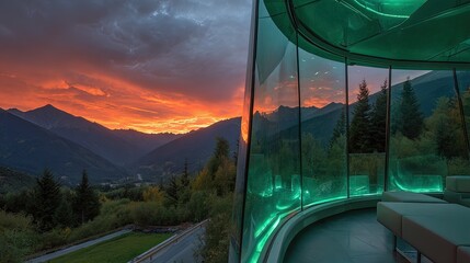 Obraz premium Sunset View From Modern Glass Balcony Over Mountains
