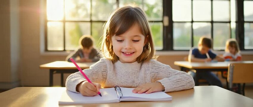 Girl in the Classroom: A focused and smiling young girl, immersed in her schoolwork at a desk. She embodies the spirit of learning and the joys of childhood education.