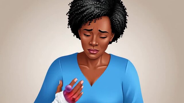 Woman Experiencing Pain With A Damaged Hand, Feeling Anguish And Distress, Cartoon Version