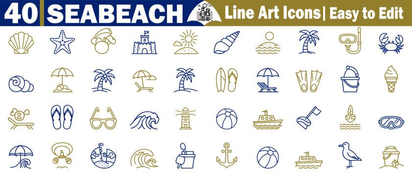 Collection of forty seabeach line art icons, easy to edit for creating summer designs.