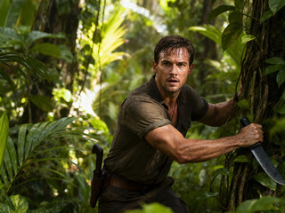 A determined adventurer moves cautiously through dense jungle foliage, holding a machete in one hand, ready to clear a path while scanning the surroundings