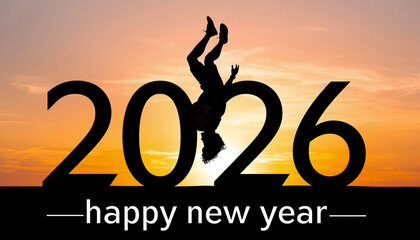 Happy New Year 2026 with a person doing a backflip against a sunset background
