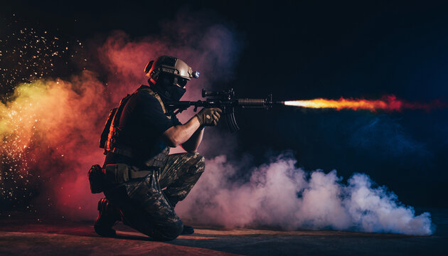 Soldier in tactical gear firing a weapon, muzzle flash illuminating colorful smoke and dramatic lighting