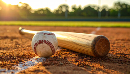 Baseball bat and ball resting on dirt field