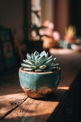 Succulent Plant In Terracotta Pot On Wooden Surface