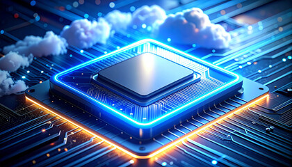 Digital Realm: A high-tech digital image of a CPU with data stream and the cloud, showcasing the central processing unit at the heart of the digital revolution.