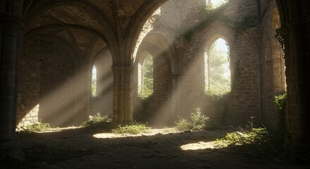 Fototapeta premium Sunbeams illuminating a sun-drenched, ruined church interior