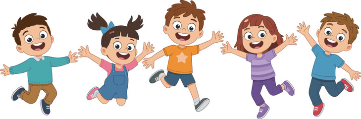 Joyful children jumping together, happy kids playing, diverse group illustration, childhood fun, celebration, friendship, flat vector