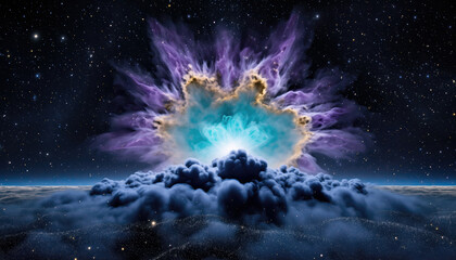 A cosmic explosion erupts from a celestial cloud formation, illuminating the night sky with vibrant colors and swirling nebulae above a distant planet
