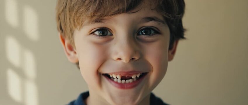 Joyful Tooth Gap Smile: A delightful moment captured as a young boy radiates pure happiness, showcasing his endearing tooth gap with a wide, beaming smile.
