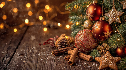 AI-Generated Cozy Rustic Christmas Ornaments Scene – Luxurious Red Gold Baubles Pine Branches Cinnamon Sticks and Gingerbread Stars on Snowy Wooden Table with Warm Fairy Lights – Perfect Hygge Holiday