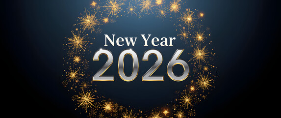New Year 2026 banner featuring glowing typography fireworks ring celebrating midnight countdown luxury festive mood.
